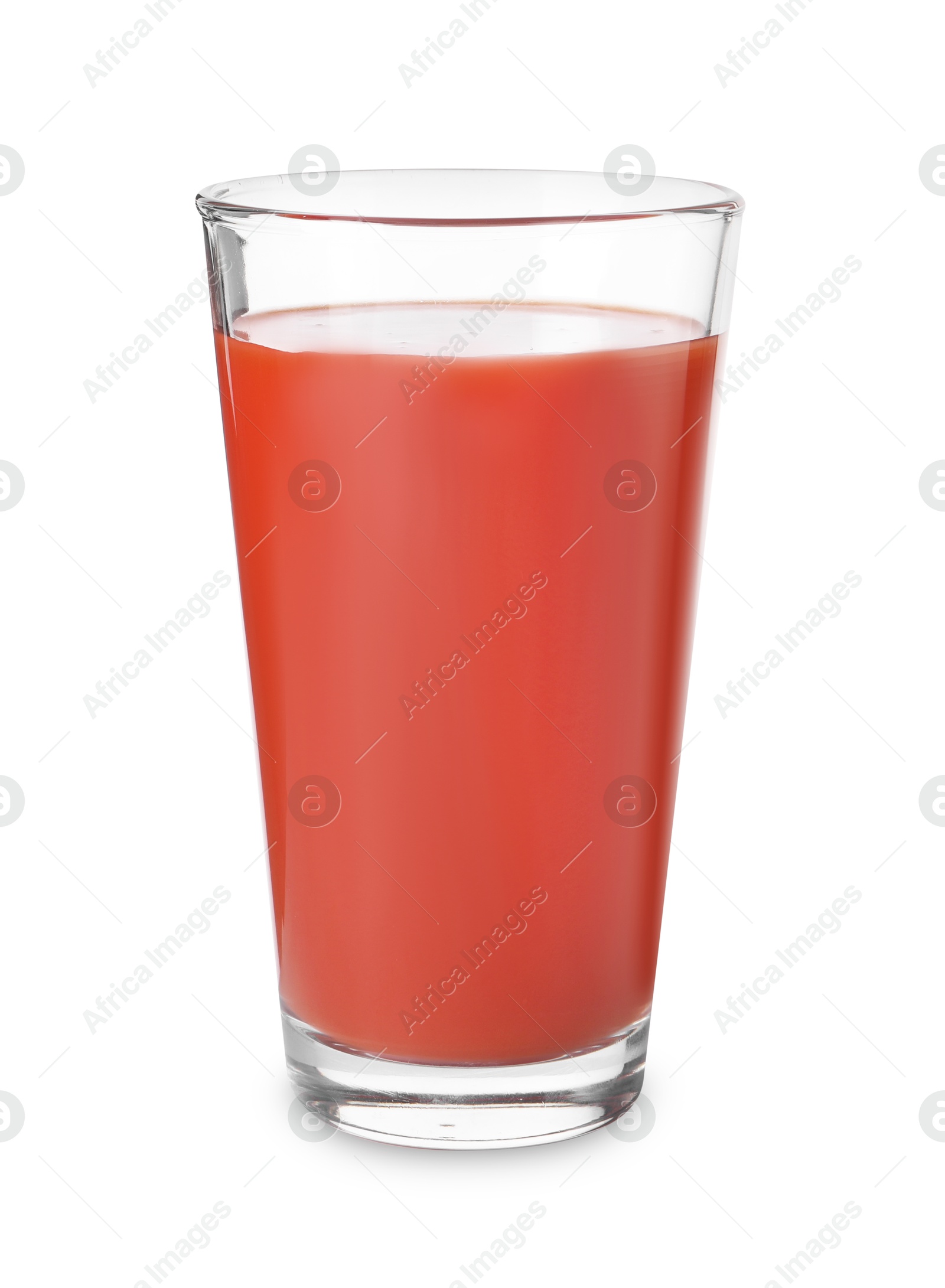 Photo of Tasty tomato juice in glass isolated on white