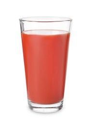 Tasty tomato juice in glass isolated on white