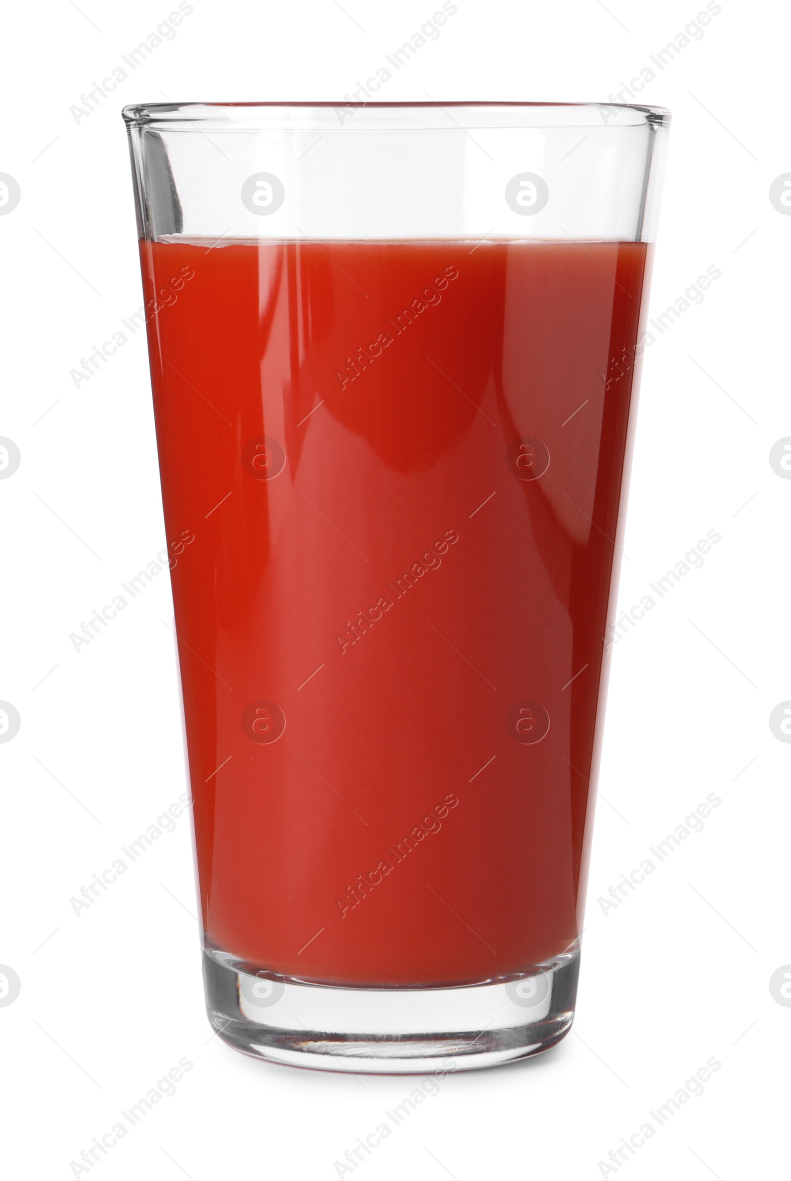 Photo of Tasty tomato juice in glass isolated on white