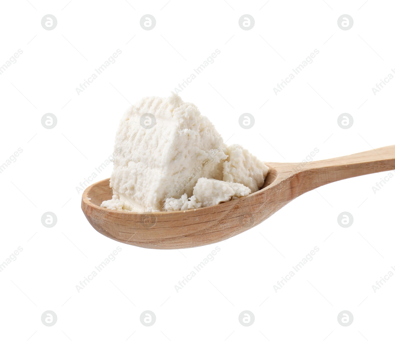 Photo of Tasty ricotta (cream cheese) in spoon isolated on white