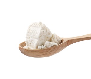 Tasty ricotta (cream cheese) in spoon isolated on white