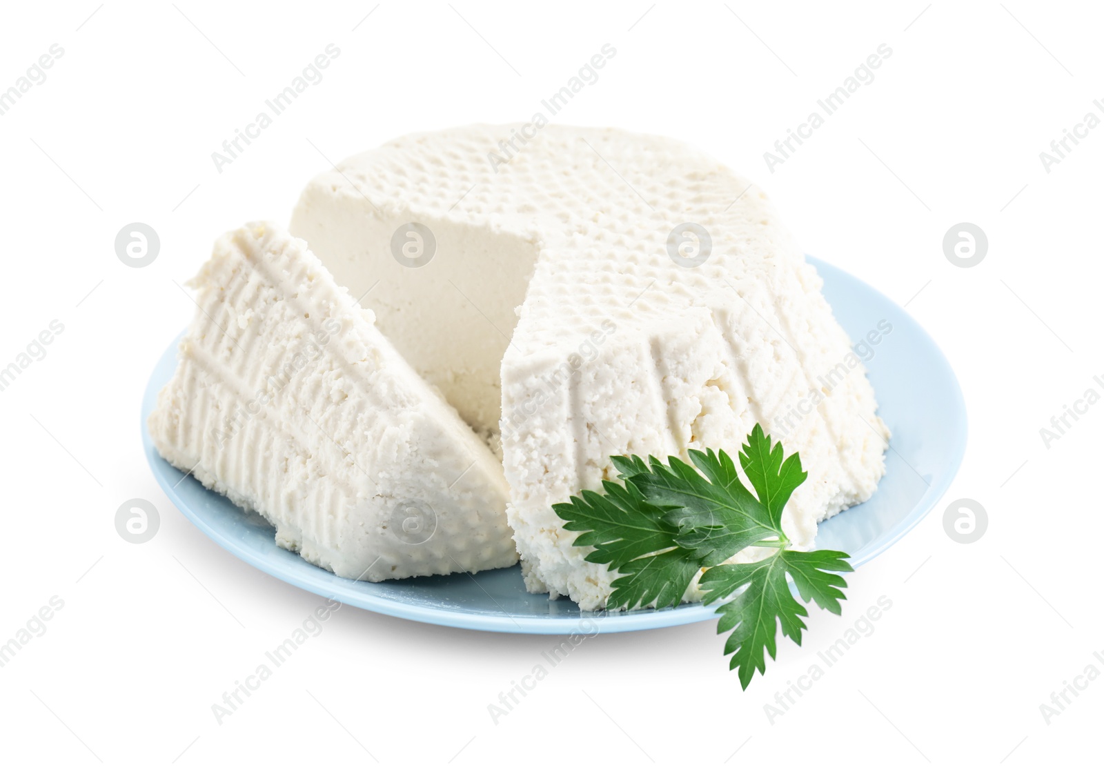 Photo of Tasty ricotta (cream cheese) and parsley isolated on white