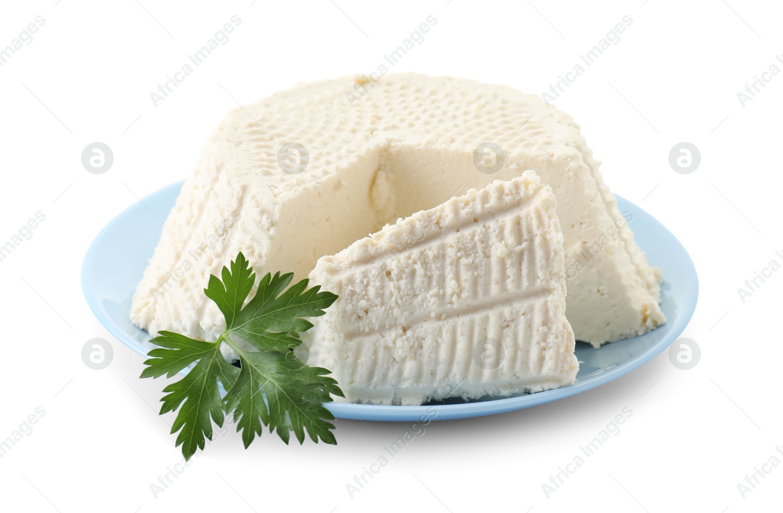 Photo of Tasty ricotta (cream cheese) and parsley isolated on white