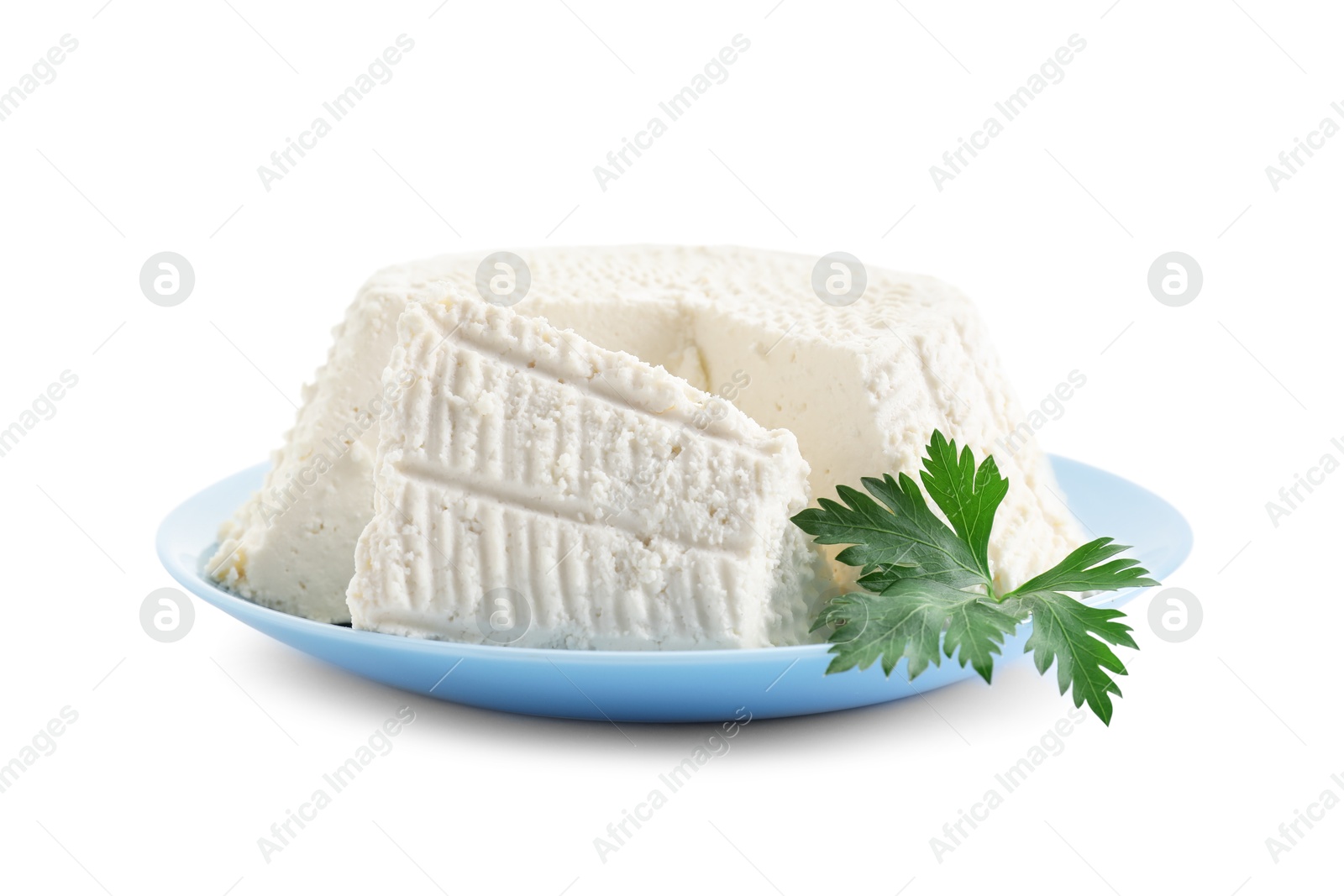 Photo of Tasty ricotta (cream cheese) and parsley isolated on white