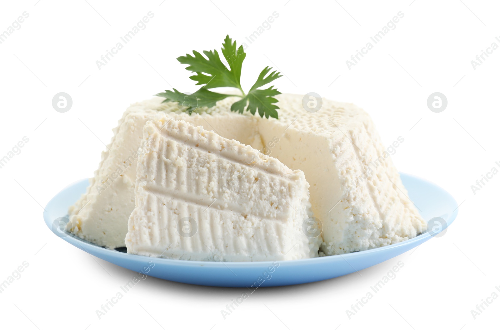 Photo of Tasty ricotta (cream cheese) and parsley isolated on white