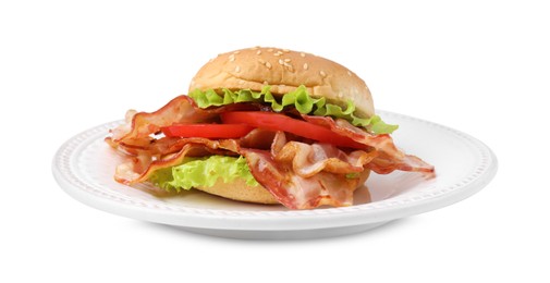 Delicious burger with bacon, tomato and lettuce isolated on white