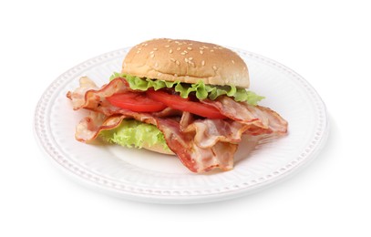 Photo of Delicious burger with bacon, tomato and lettuce isolated on white