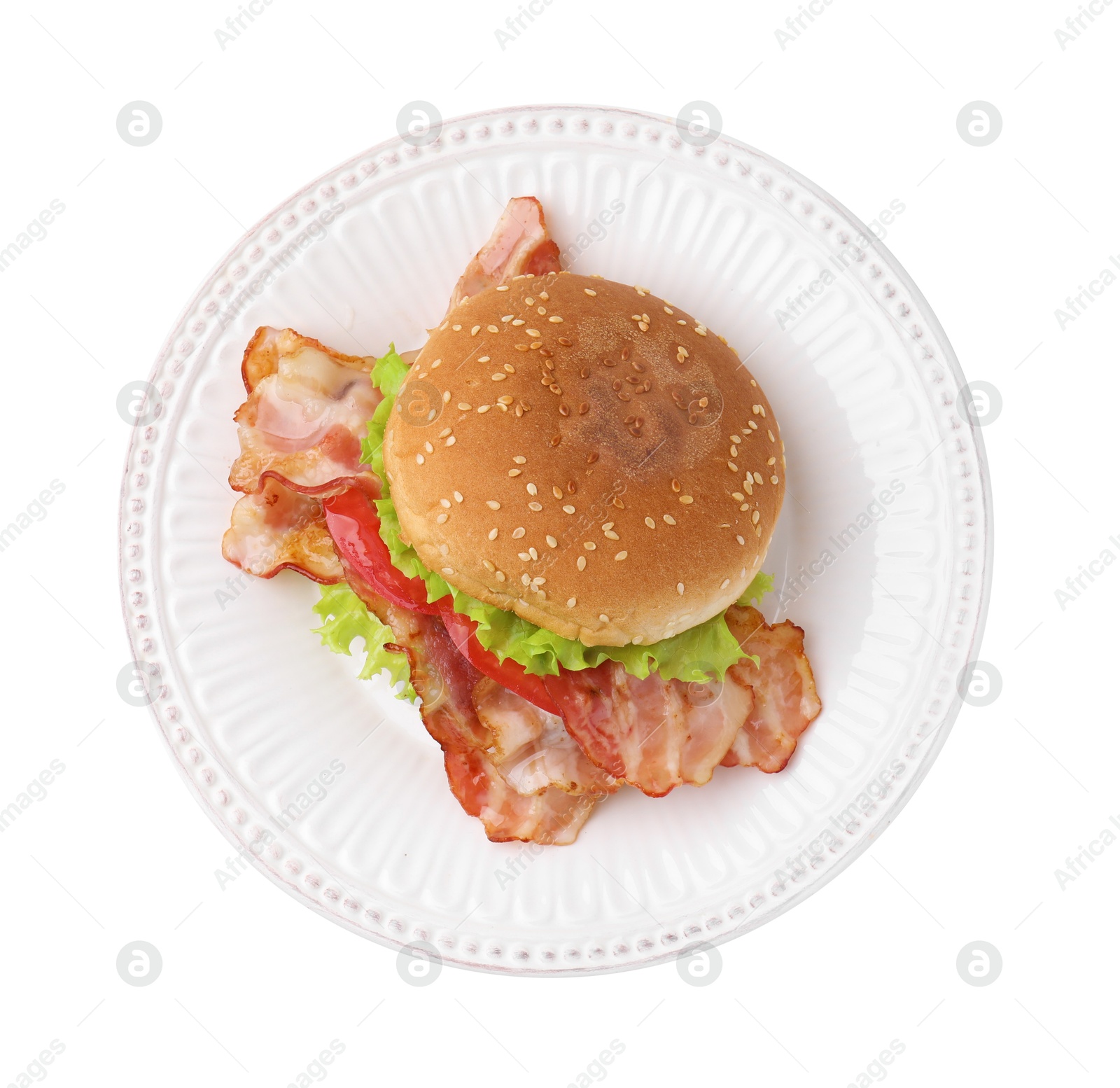 Photo of Delicious burger with bacon, tomato and lettuce isolated on white, top view