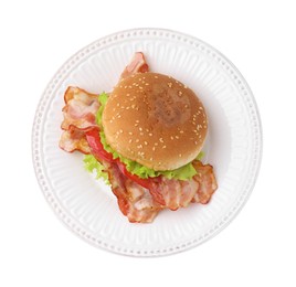 Photo of Delicious burger with bacon, tomato and lettuce isolated on white, top view