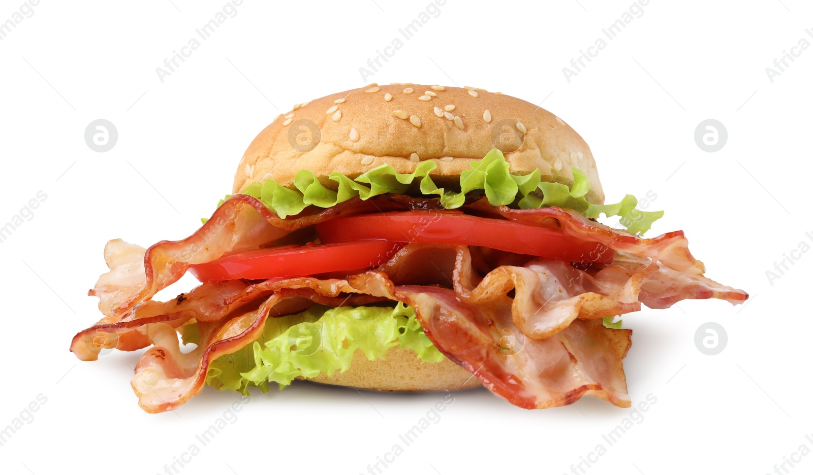 Photo of Delicious burger with bacon, tomato and lettuce isolated on white