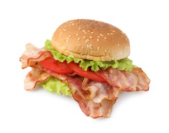 Delicious burger with bacon, tomato and lettuce isolated on white