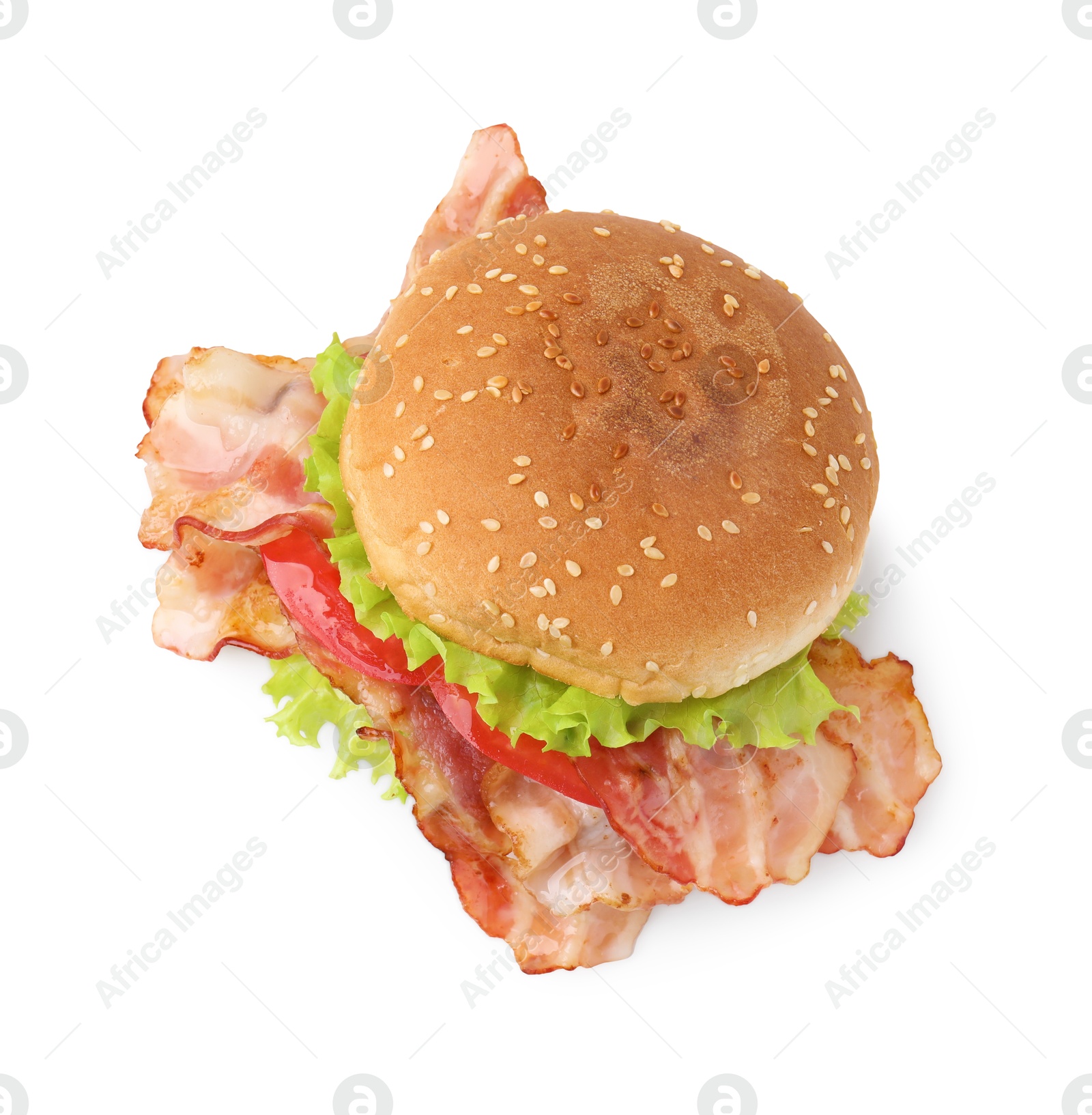 Photo of Delicious burger with bacon, tomato and lettuce isolated on white, top view