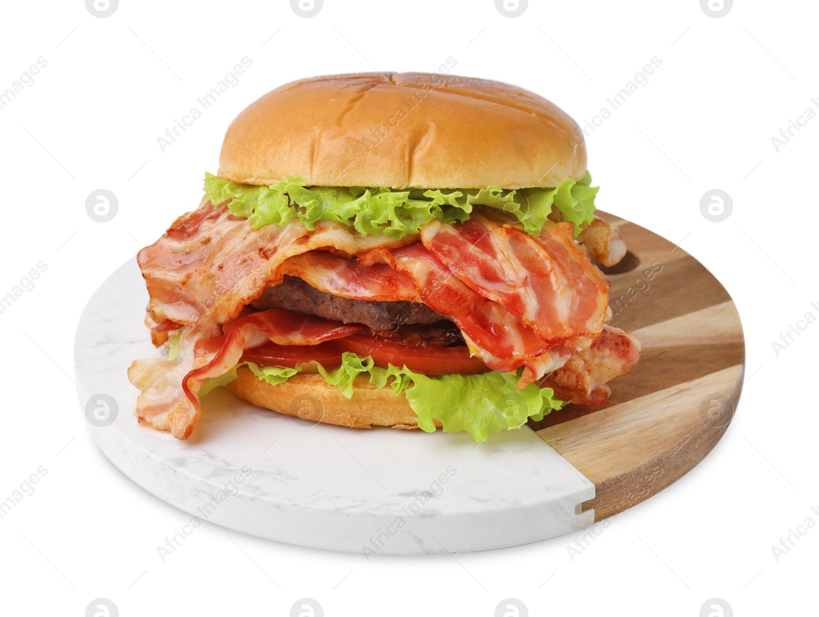 Photo of Delicious burger with bacon, patty and tomato isolated on white