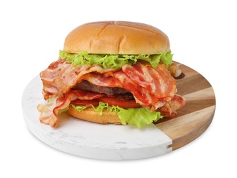 Photo of Delicious burger with bacon, patty and tomato isolated on white