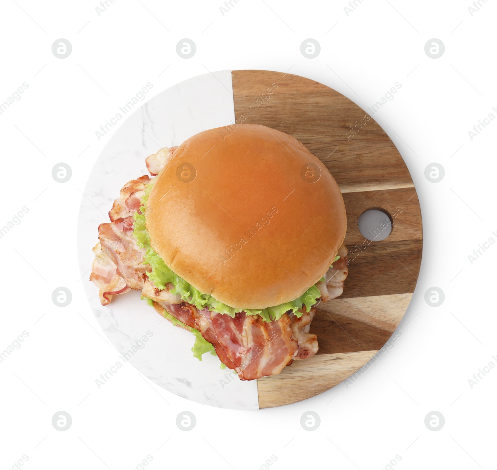 Photo of Delicious burger with bacon and lettuce isolated on white, top view