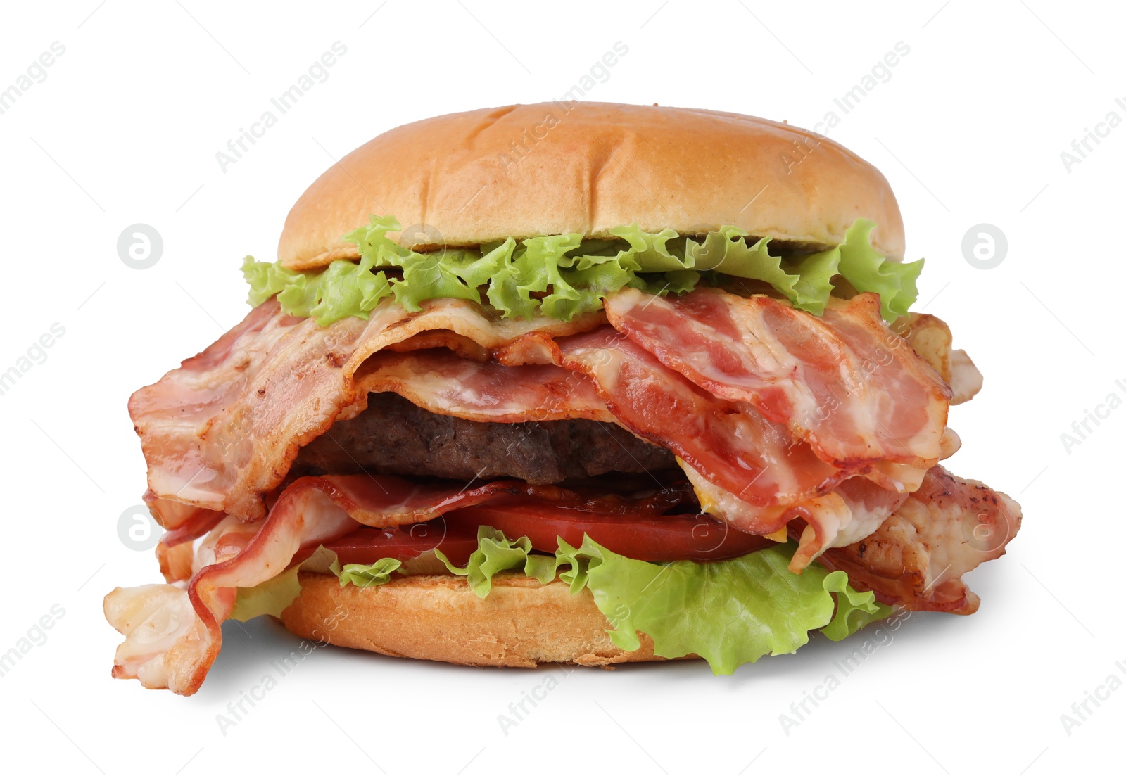 Photo of Delicious burger with bacon, patty and tomato isolated on white