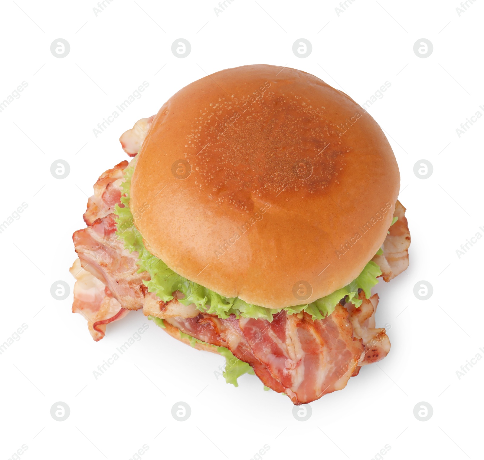 Photo of Delicious burger with bacon and lettuce isolated on white, top view