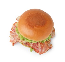 Photo of Delicious burger with bacon and lettuce isolated on white, top view