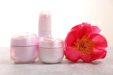 Photo of Set of different cosmetic products and peony flower on gray table against light background