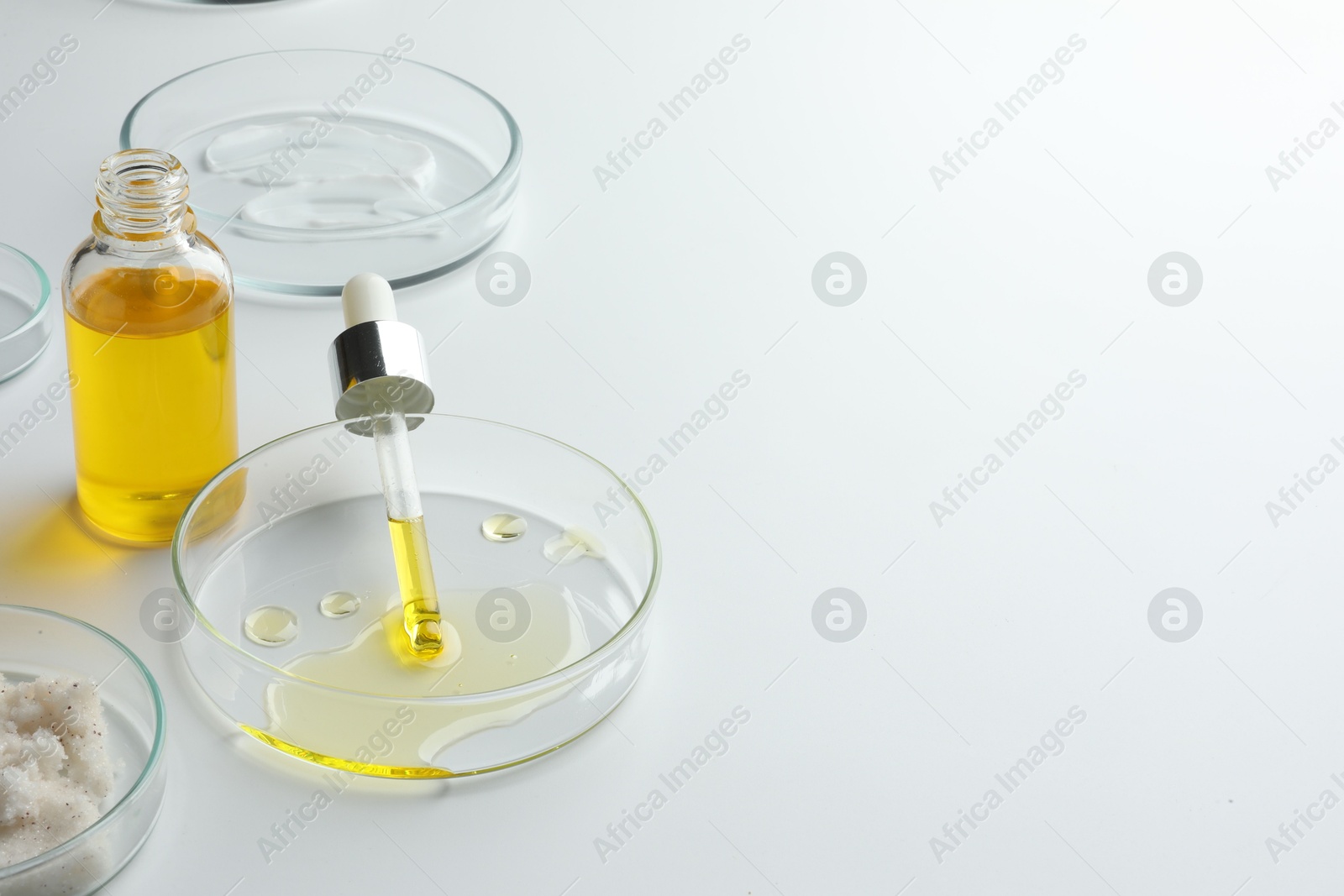 Photo of Petri dishes with different cosmetic products on white background. Space for text