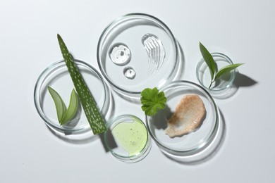 Petri dishes with different cosmetic products and aloe vera leaves on white background, flat lay