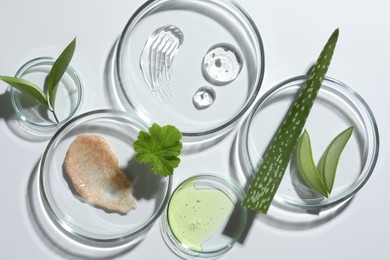 Photo of Petri dishes with different cosmetic products and aloe vera leaves on white background, flat lay