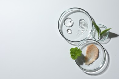 Petri dishes with different cosmetic products and leaves on white background, top view. Space for text