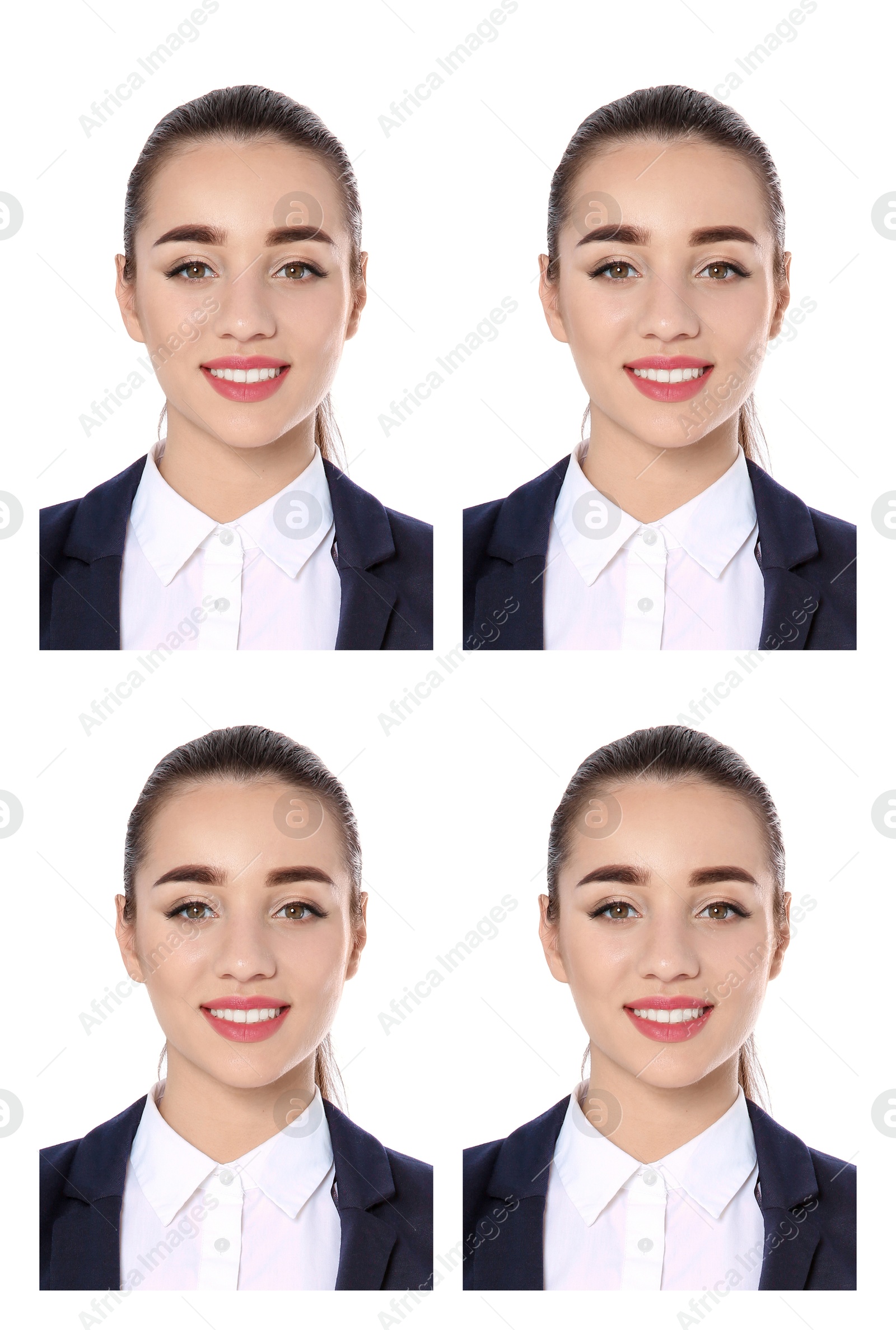 Image of Portrait of woman on white background, set. Passport photo