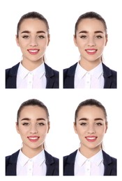 Image of Portrait of woman on white background, set. Passport photo