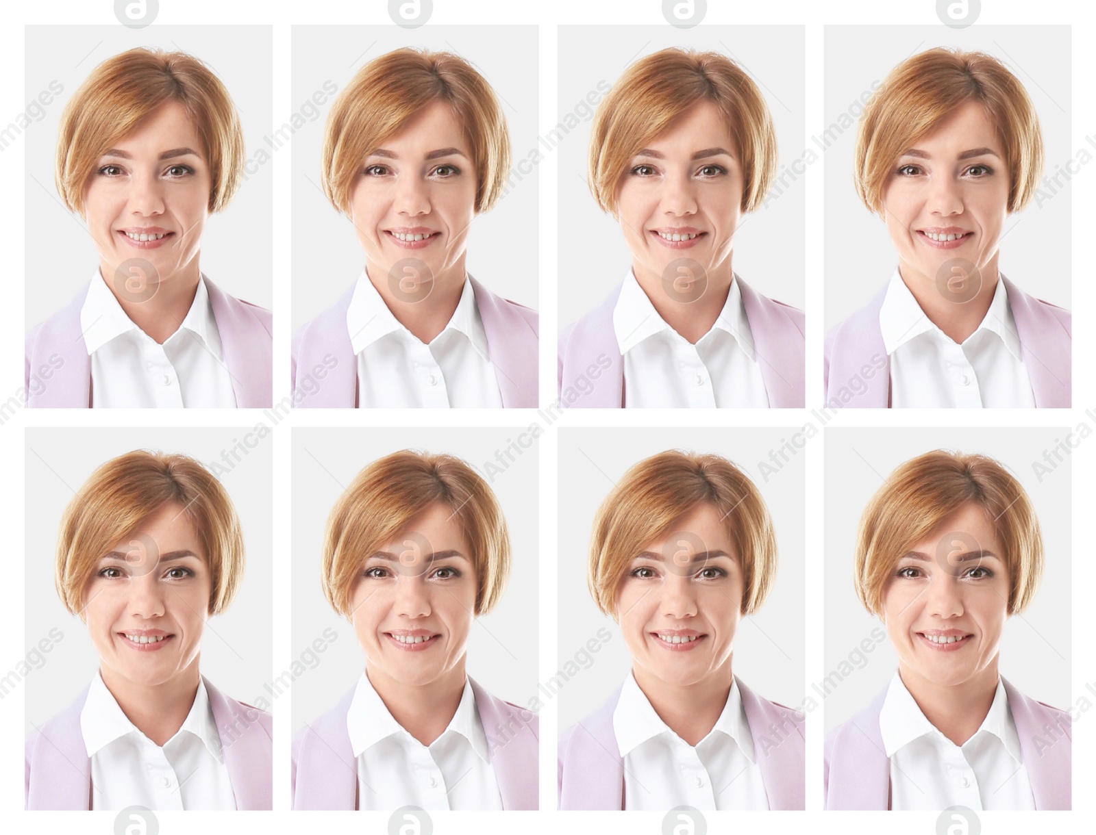 Image of Portrait of woman on white background, set. Passport photo