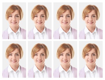 Image of Portrait of woman on white background, set. Passport photo