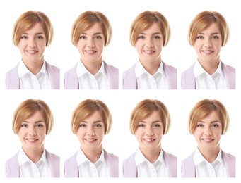 Portrait of woman on white background, set. Passport photo