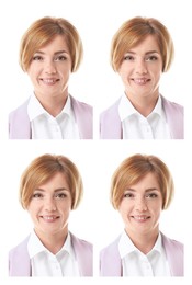 Image of Portrait of woman on white background, set. Passport photo