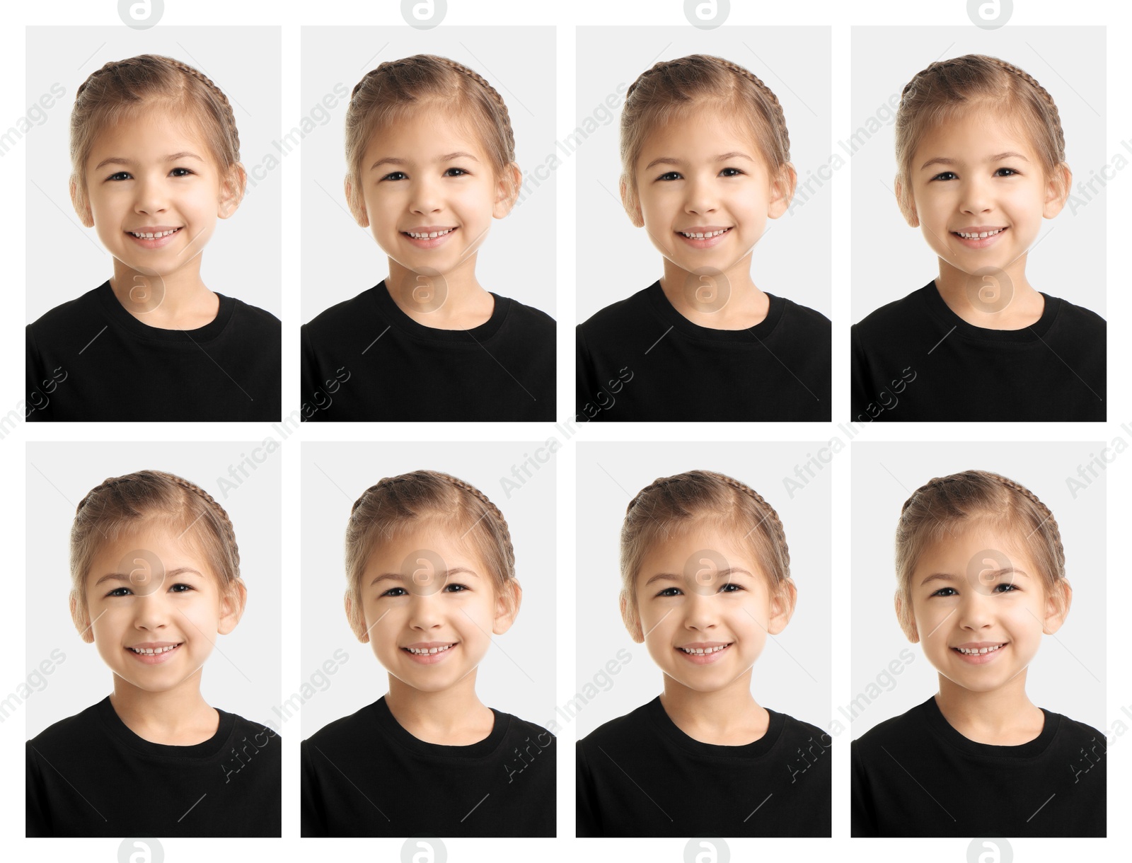 Image of Portrait of girl on white background, set. Passport photo