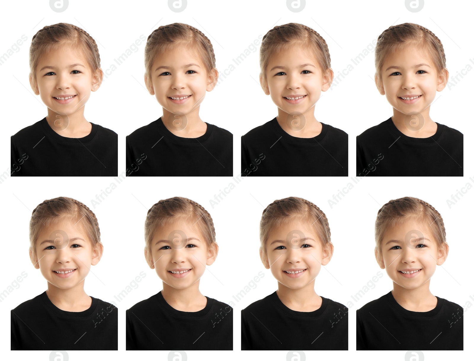 Image of Portrait of girl on white background, set. Passport photo