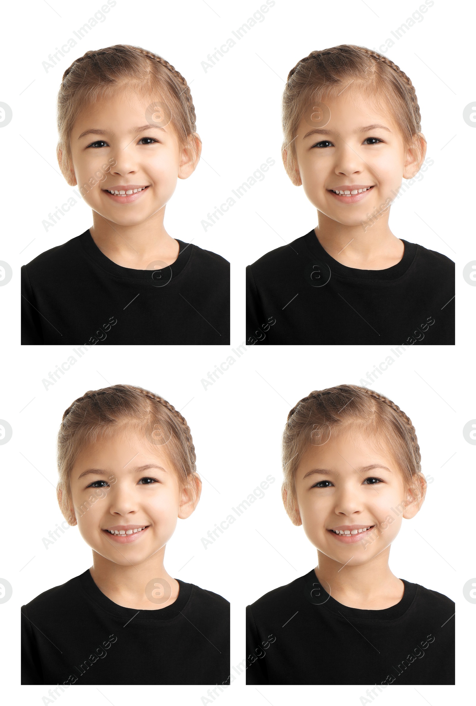 Image of Portrait of girl on white background, set. Passport photo