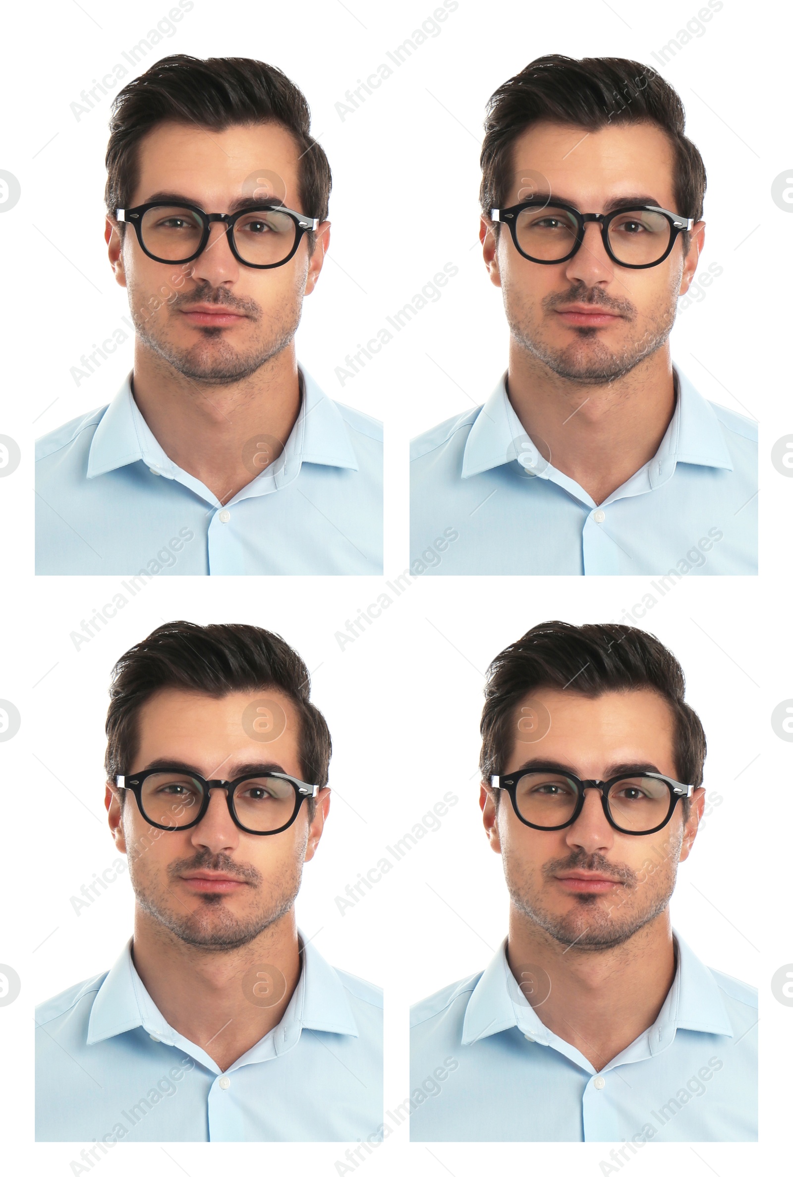 Image of Portrait of man on white background, set. Passport photo