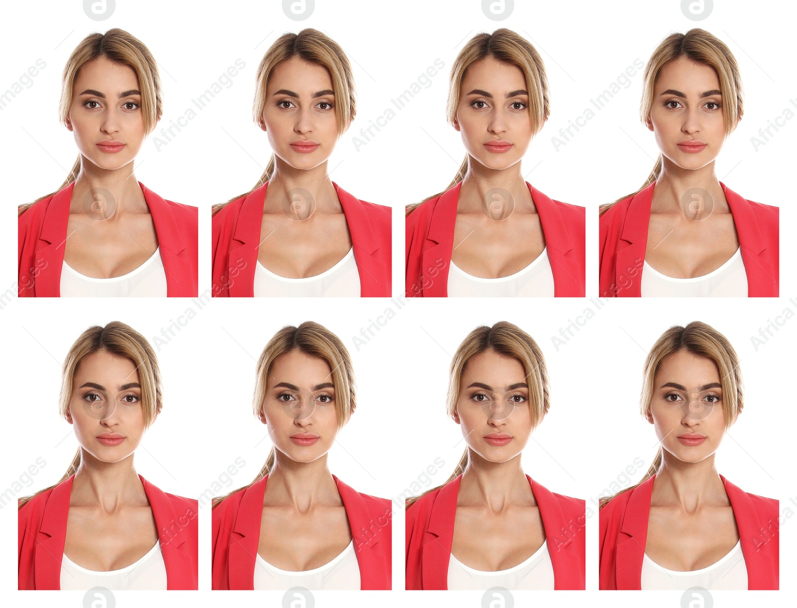 Image of Portrait of woman on white background, set. Passport photo