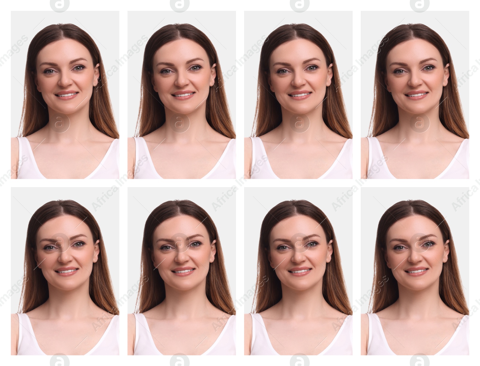 Image of Portrait of woman on white background, set. Passport photo