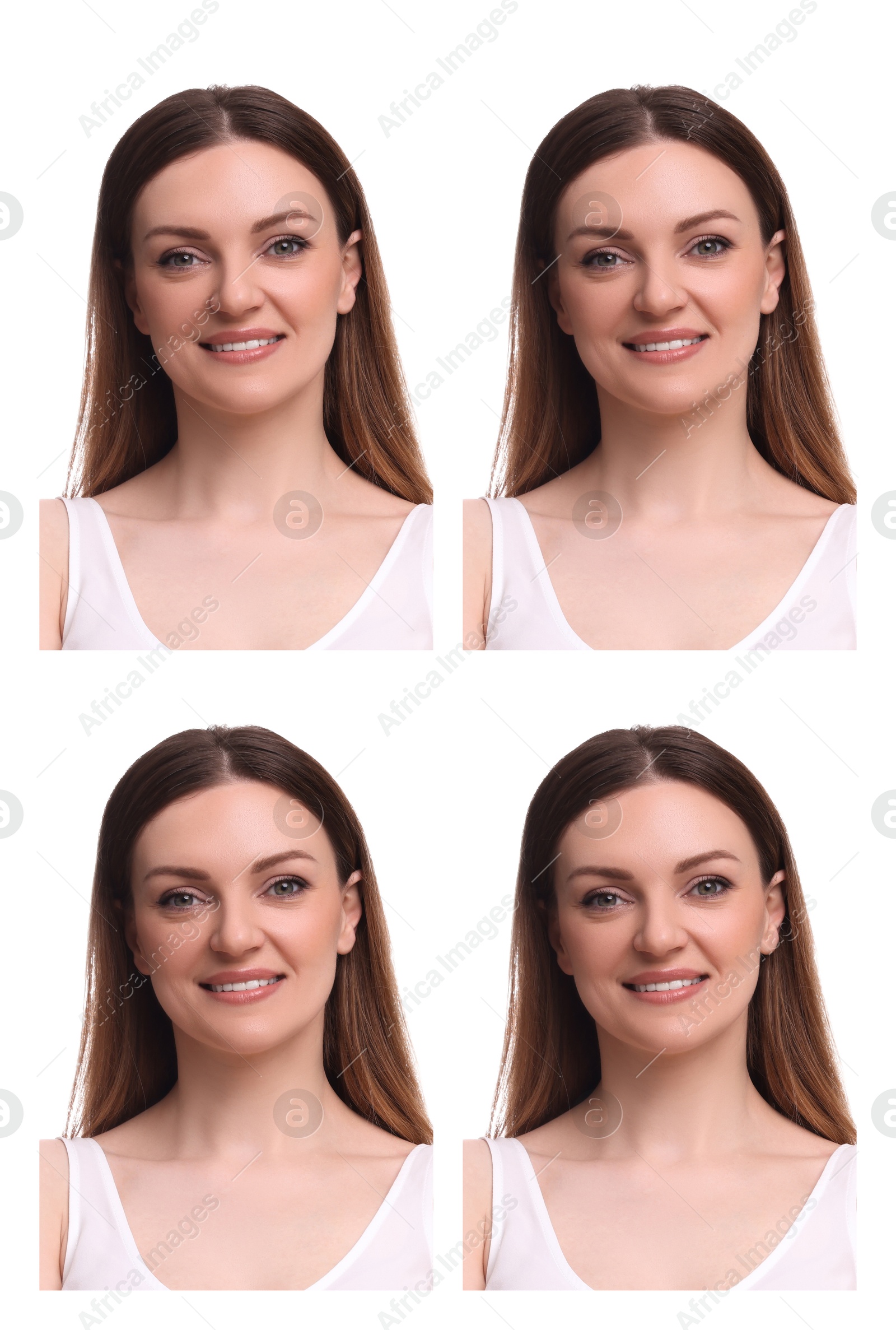 Image of Portrait of woman on white background, set. Passport photo