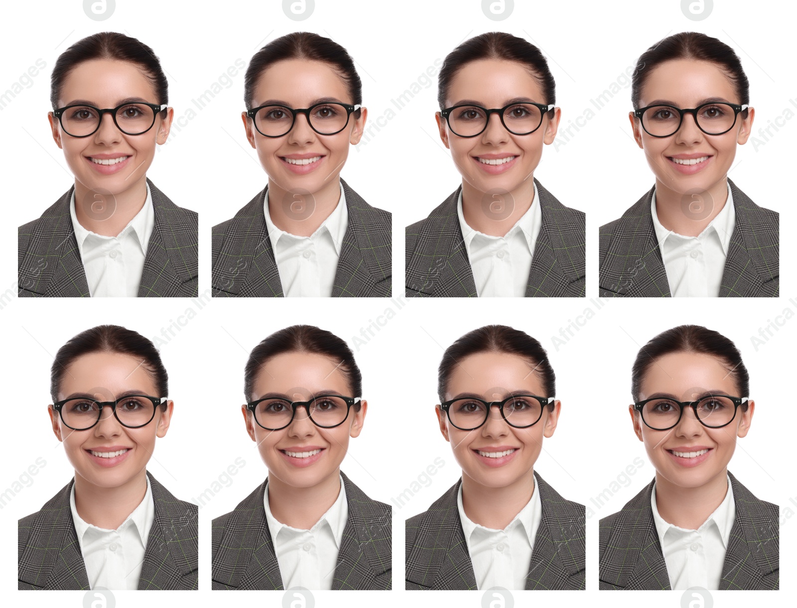 Image of Portrait of woman on white background, set. Passport photo