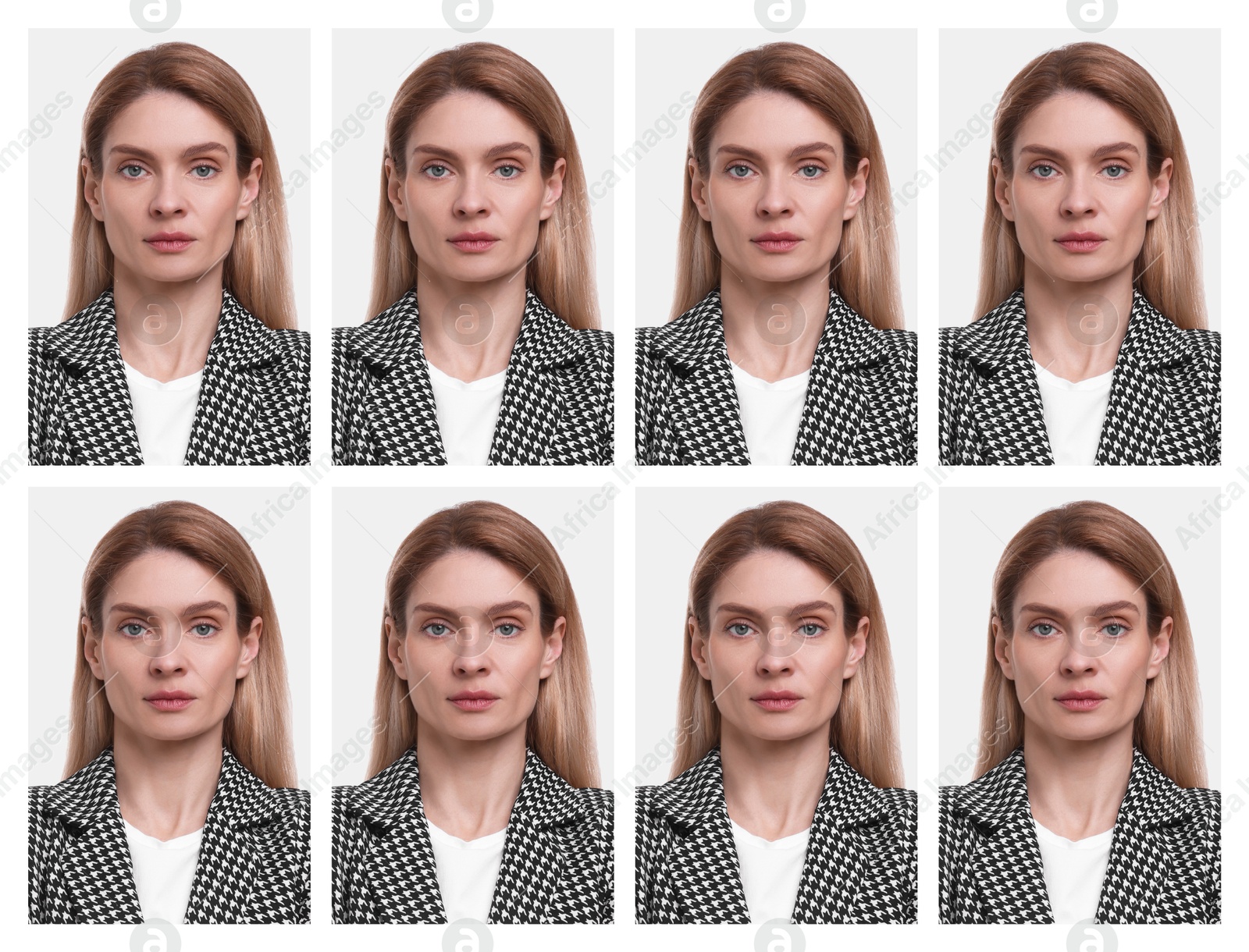 Image of Portrait of woman on white background, set. Passport photo