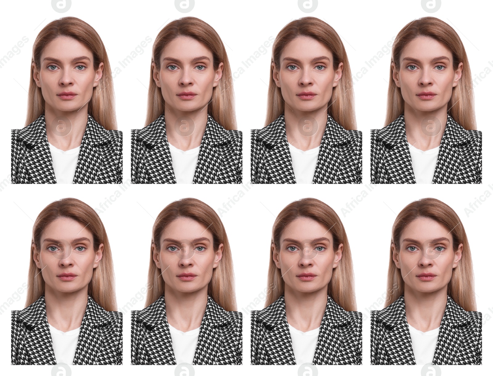 Image of Portrait of woman on white background, set. Passport photo