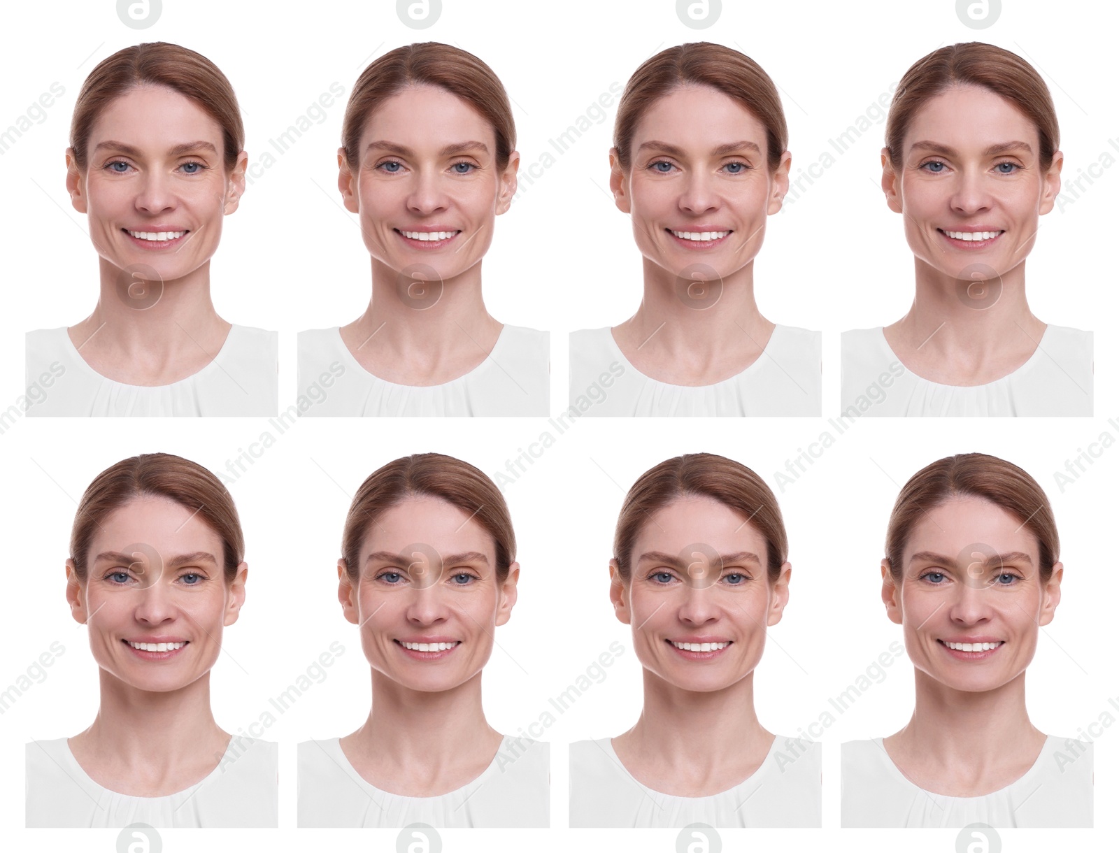 Image of Portrait of woman on white background, set. Passport photo