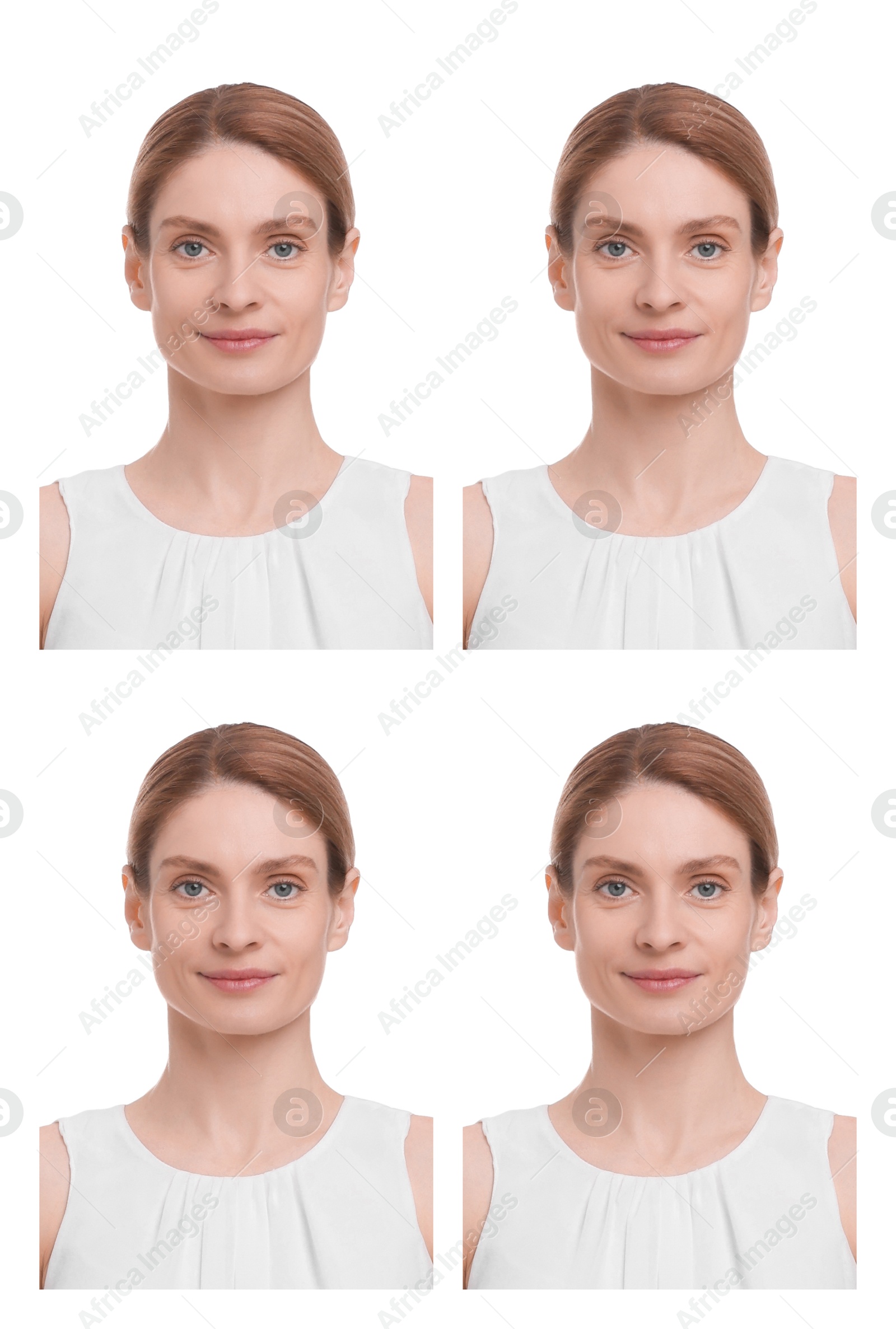 Image of Portrait of woman on white background, set. Passport photo