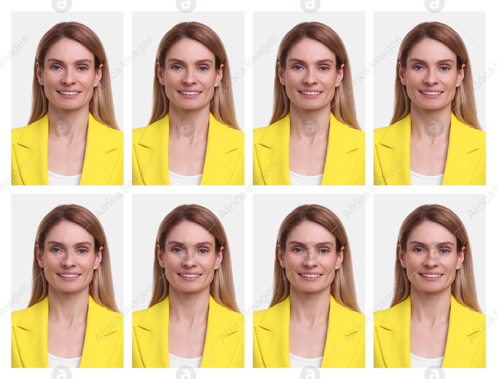 Image of Portrait of woman on white background, set. Passport photo