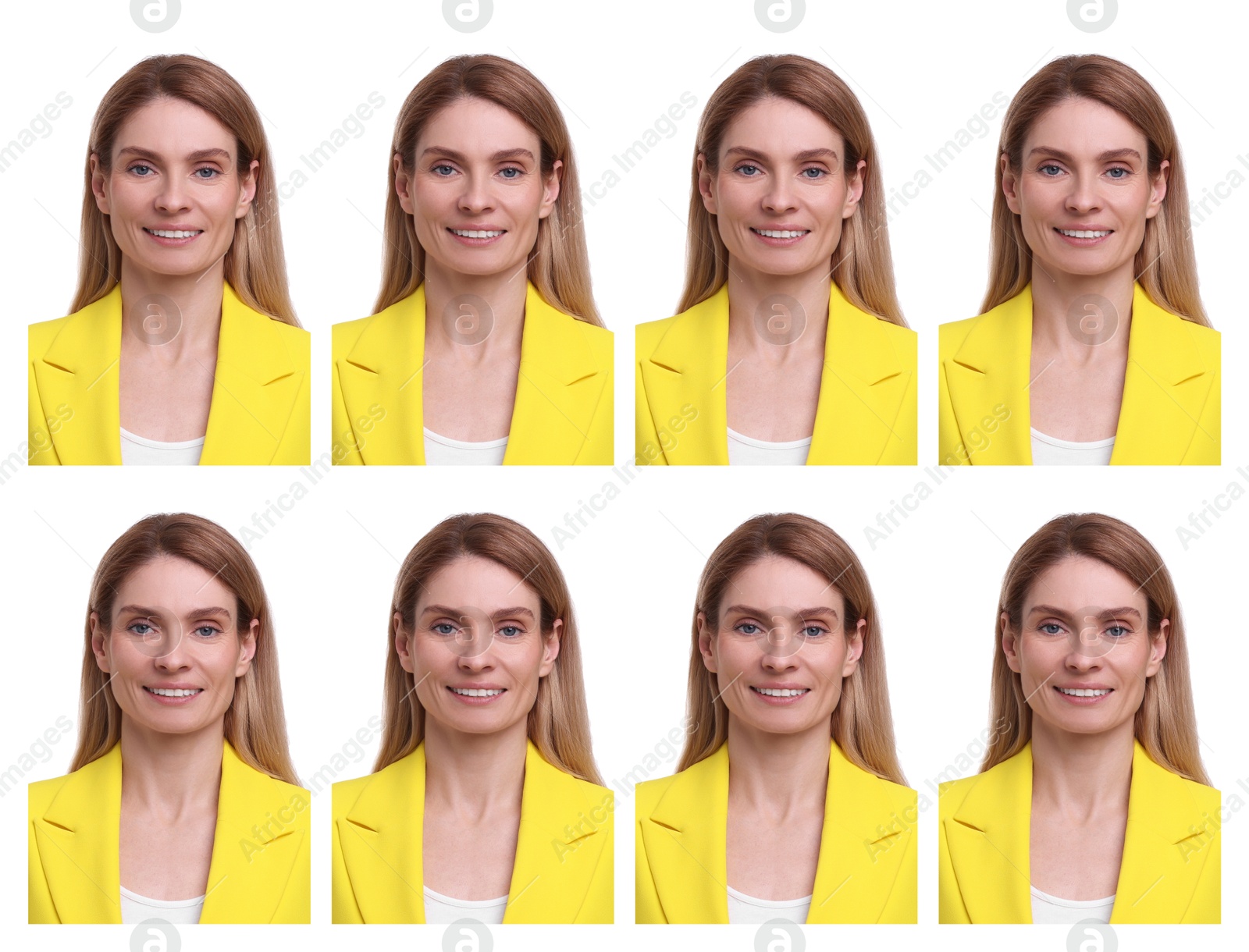 Image of Portrait of woman on white background, set. Passport photo