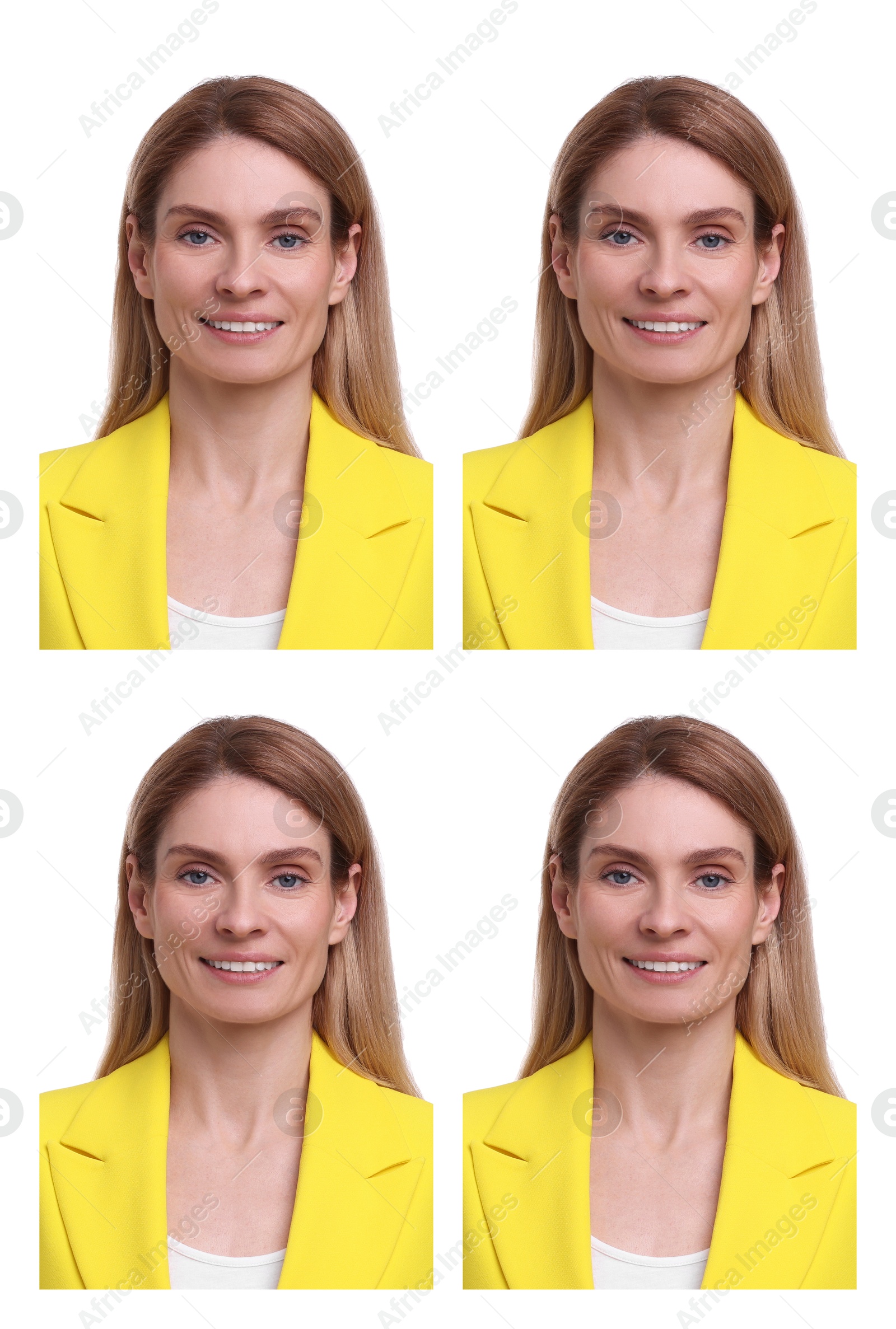 Image of Portrait of woman on white background, set. Passport photo