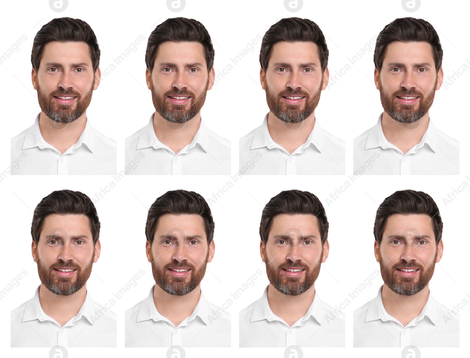 Image of Portrait of man on white background, set. Passport photo