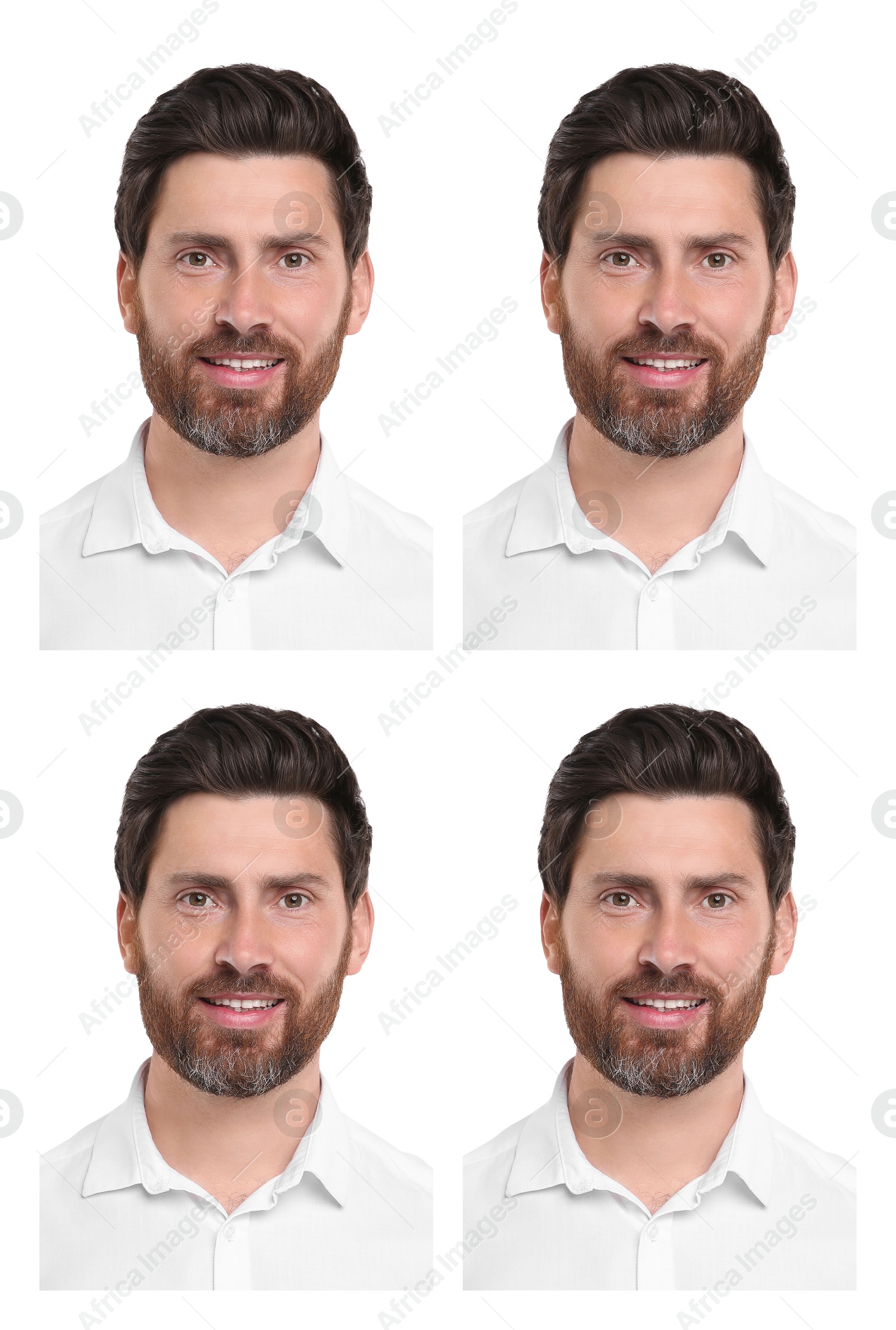 Image of Portrait of man on white background, set. Passport photo